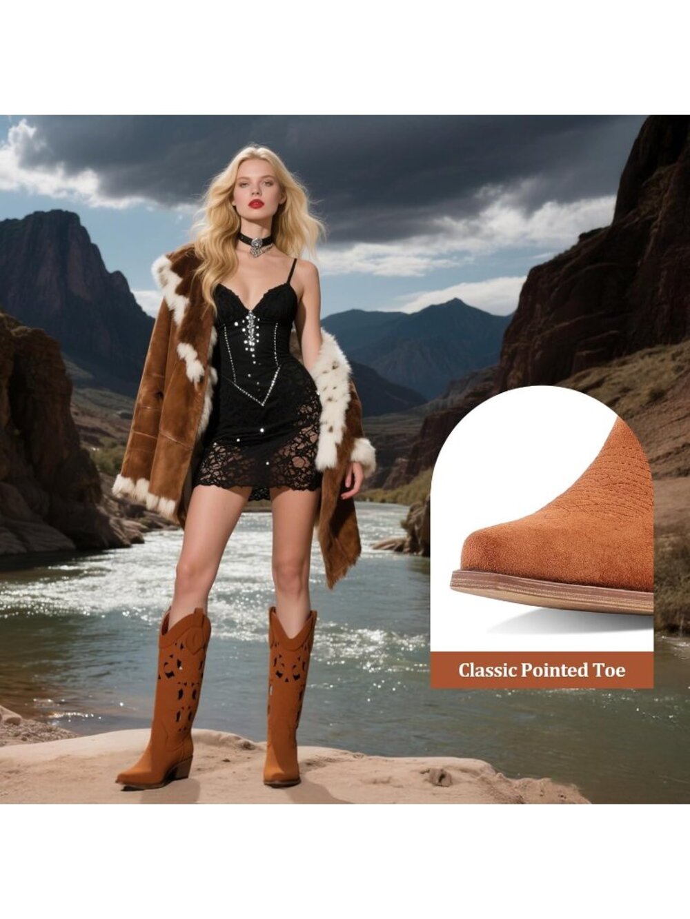 Women's Brown Western Cowgirl Boots with Bow Mid Calf Comfortable Chunky Heel - Picture 5 of 6